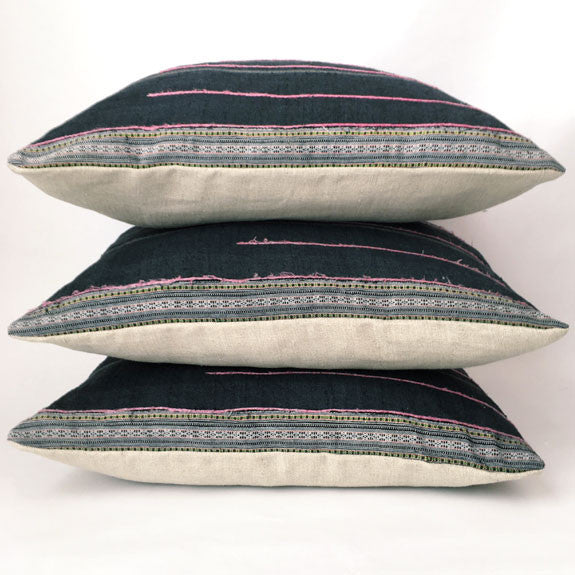 Vintage Embroidered Hmong Linen & Cotton Throw Pillow Cover - Deux
