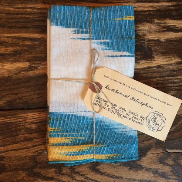 Handloomed Ikat Napkins - Turquoise & Yellow (Set of 4)