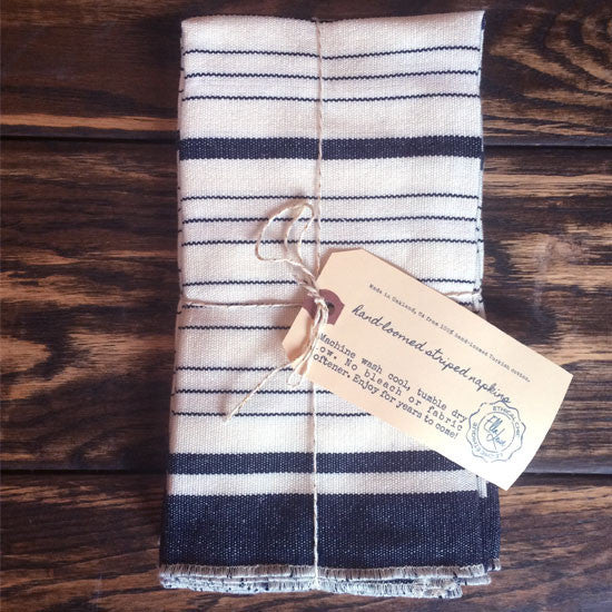 Handloomed Striped Cotton Napkins - White & Navy Blue Stripes (Set of 4)