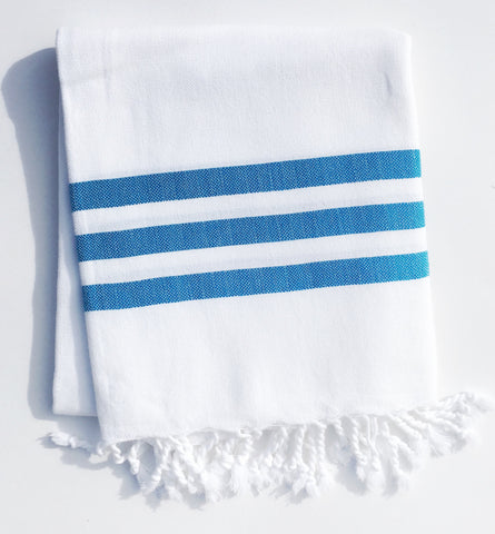 Bandol Organic Cotton Turkish Towel - White with Turquoise Stripes