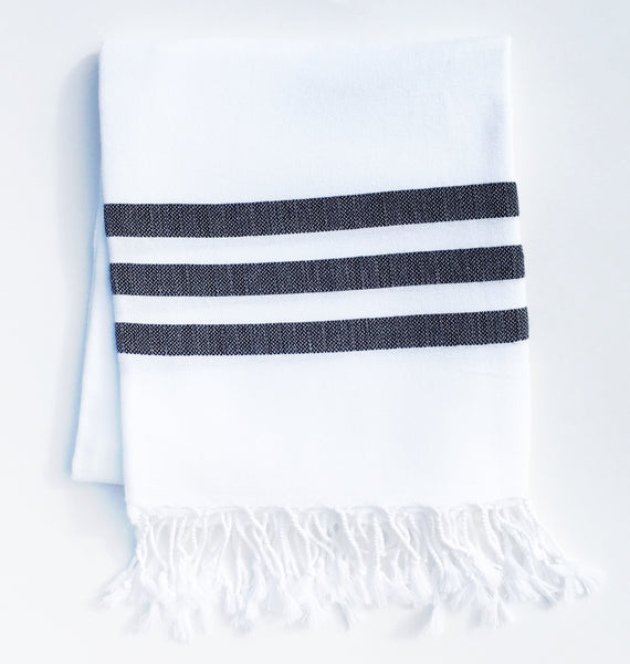 Bandol Organic Cotton Turkish Towel - White with Black Stripes